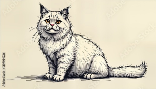 Persian cat illustration with detailed line art. Cute, fluffy white cat sits looking ahead. Hand drawn sketch style. Engraving-inspired illustration for animal lovers. Pet lovers appreciate. Perfect photo