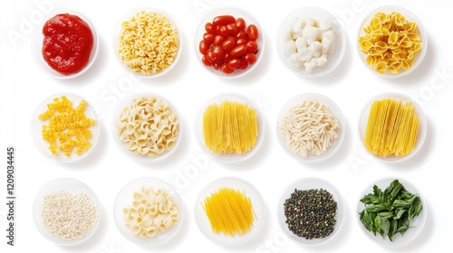 Ready meal kit preparation with various pasta types tomatoes and sauce on white background fast food concept ingredients arranged in bowls photo