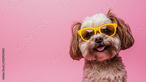 Playful puppy wearing yellow sunglasses against a vibrant pink background capturing summer vibes and joyful moments.