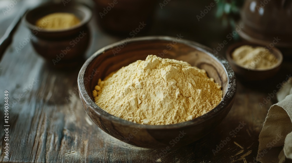 Raw corn flour in a wooden bowl on a rustic table showcasing natural textures and ingredients for culinary use and healthy cooking. Raw corn flour in a wooden bowl on a rustic table showcasing natural textures and ingredients for culinary use and healthy cooking.