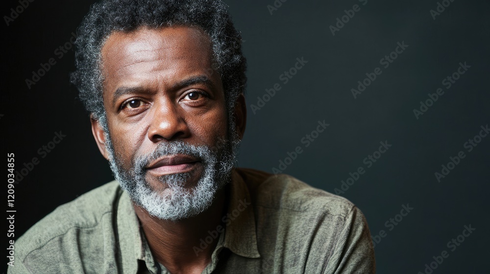 Fototapeta premium Middle aged African American man with a thoughtful expression in a studio portrait showcasing natural lighting and rich textures.