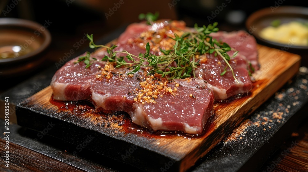 Sliced raw pork meat garnished with herbs and spices on a rustic wooden board ready for culinary preparation Sliced raw pork meat garnished with herbs and spices on a rustic wooden board ready for culinary preparation