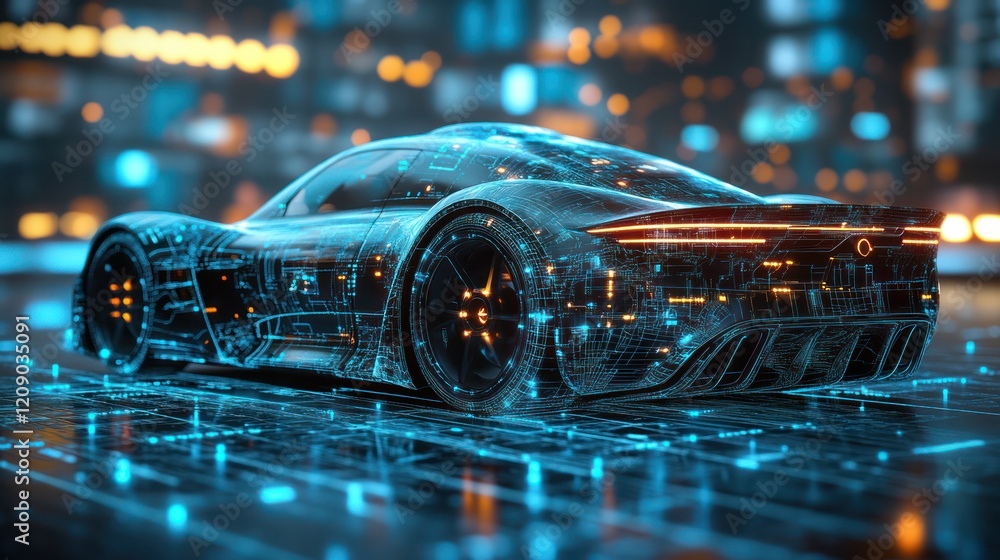 A photorealistic rendering of a luxurious black electric car showcased against a high-tech holographic wireframe display A photorealistic rendering of a luxurious black electric car showcased against a high-tech holographic wireframe display