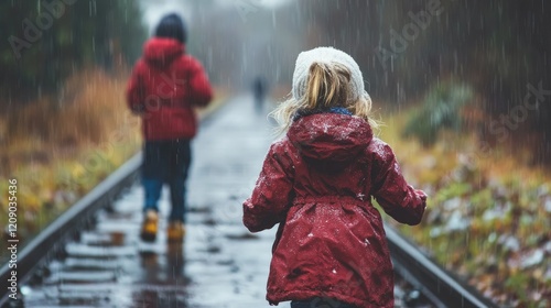 Children walking on a rainy track with focus on young girl following her brother, capturing childhood adventure and sibling bond. photo