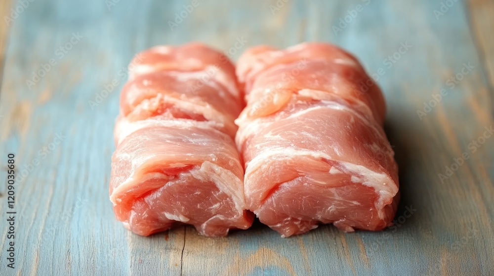 Fresh raw pork chops neatly arranged on a rustic wooden surface ready for cooking or preparation in a culinary setting. Fresh raw pork chops neatly arranged on a rustic wooden surface ready for cooking or preparation in a culinary setting.