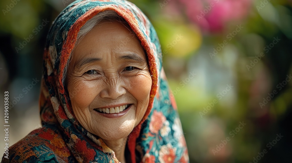 Smiling Elderly Woman in a Colorful Headscarf Smiling Elderly Woman in a Colorful Headscarf