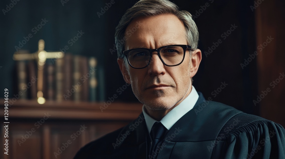 Portrait of a Serious Judge in Courtroom Setting Wearing Black Robe and Glasses with Legal Books and Cross in Background Portrait of a Serious Judge in Courtroom Setting Wearing Black Robe and Glasses with Legal Books and Cross in Background