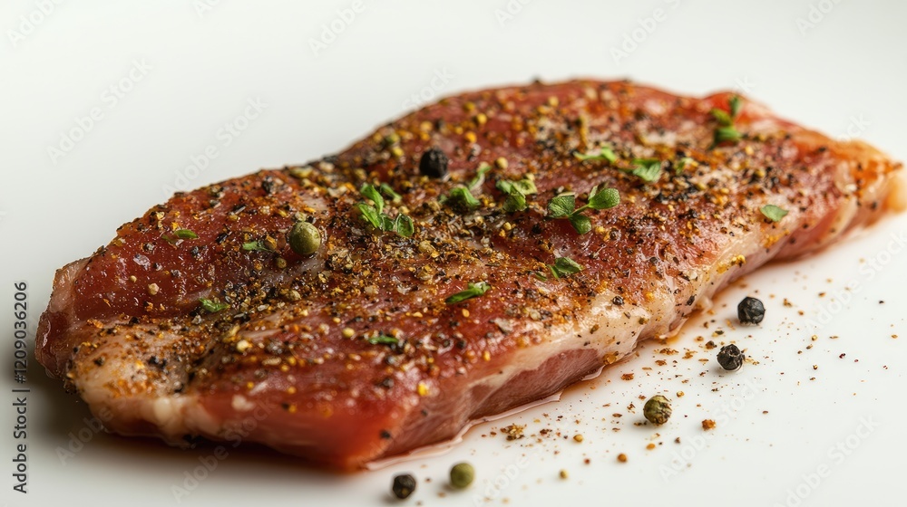 Raw pork steak seasoned with spices and pepper on a white plate ready for cooking culinary concept. Raw pork steak seasoned with spices and pepper on a white plate ready for cooking culinary concept.