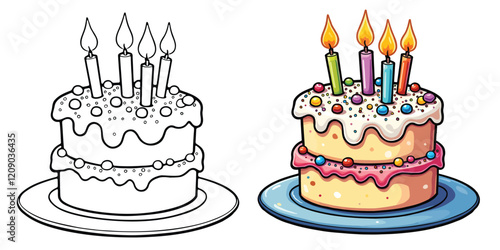 Birthday Cake Line Art Vector Illustration Black and White with Coloring Sample. Bold and Easy Food, Fruits, Sweets, Drinks, Dessert, and Snacks Coloring Pages for Adults and Kids