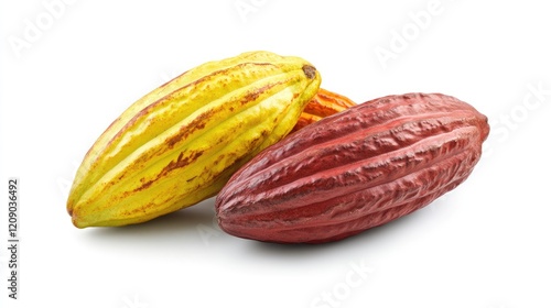 Wallpaper Mural Fresh raw cocoa pods in vibrant yellow and deep red hues, isolated on a clean white background, highlighting natural textures and colors. Torontodigital.ca