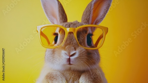 Stylish bunny wearing yellow sunglasses against a bright vibrant yellow background showcasing fun and playful themes in animal photography photo