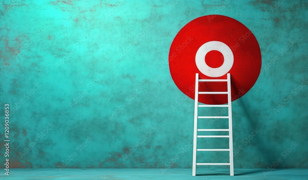 Aiming High with a White Ladder Towards a Red Bullseye on Turquoise Background for Business Growth and Success Aiming High with a White Ladder Towards a Red Bullseye on Turquoise Background for Business Growth and Success