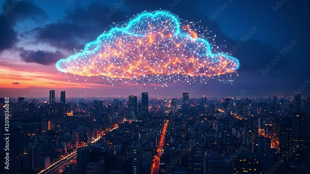 Cloud Computing Over Cityscape: A glowing cloud symbolizing cloud computing and data storage hovers above a vibrant cityscape at dusk, evoking themes of connectivity, innovation.