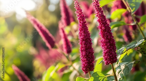 Vibrant red amaranth flowers in a sunny garden setting showcasing nature's beauty and outdoor serenity