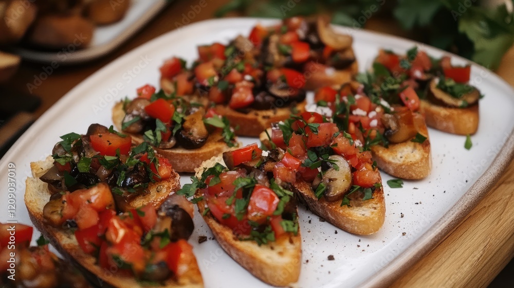 Bruschetta with Mushrooms and Fresh Vegetables Served on Toasted Bread Garnished with Herbs Bruschetta with Mushrooms and Fresh Vegetables Served on Toasted Bread Garnished with Herbs