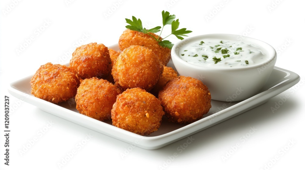 Vegetable nuggets served on a rectangular plate with yogurt sauce garnished with parsley on a clean white background Vegetable nuggets served on a rectangular plate with yogurt sauce garnished with parsley on a clean white background