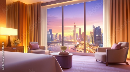 A luxurious room with heavy curtains partially drawn, revealing a stunning city view outside.