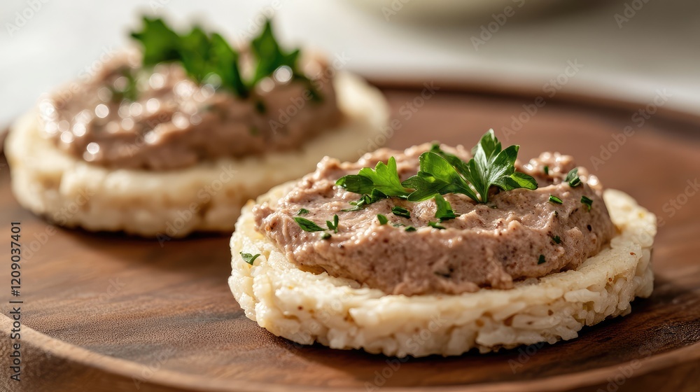 Pate Spread on Rice Cakes Garnished with Fresh Parsley on a Wooden Plate, Close-Up View, Natural Light Pate Spread on Rice Cakes Garnished with Fresh Parsley on a Wooden Plate, Close-Up View, Natural Light