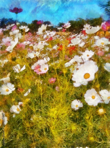 Colorful flower fields Chalk paint Illustrations creates art style impressionism of painting.