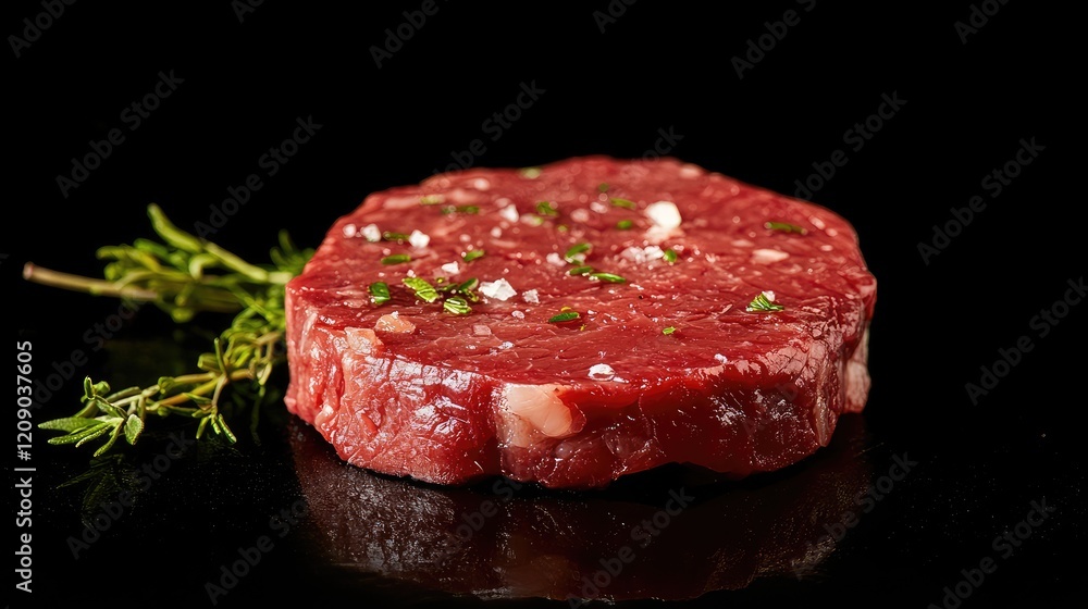 Raw Red Steak with Fresh Herbs on Dark Black Surface, Close-Up View with Garnish of Thyme and Sea Salt Crystals, High-Quality Food Photography Raw Red Steak with Fresh Herbs on Dark Black Surface, Close-Up View with Garnish of Thyme and Sea Salt Crystals, High-Quality Food Photography
