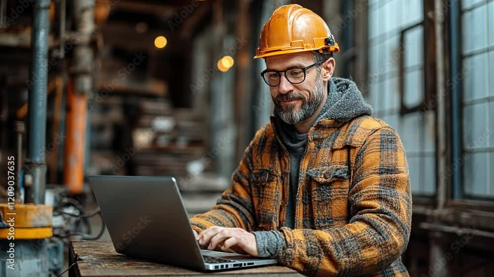 Industry 4.0: A skilled worker in a industrial setting, wearing a hardhat and glasses, diligently operates a laptop computer, symbolizing the integration of technology and traditional industry. Industry 4.0: A skilled worker in a industrial setting, wearing a hardhat and glasses, diligently operates a laptop computer, symbolizing the integration of technology and traditional industry.
