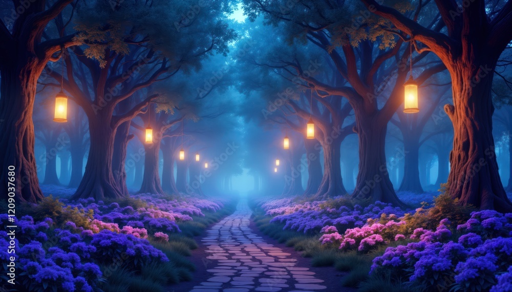 Fototapeta premium Mystical night forest path glows with warm light. Enchanted path winds through trees. Beautiful flowers line pathway. Magical scene evokes fantasy tale. Trees lanterns hanging from branches. Foggy