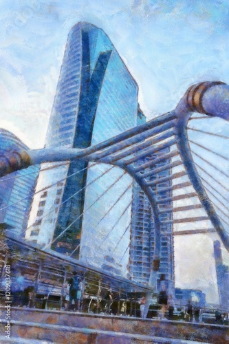 Landscape of streets and tall buildings in Bangkok Chalk paint Illustrations creates art style impressionism of painting.