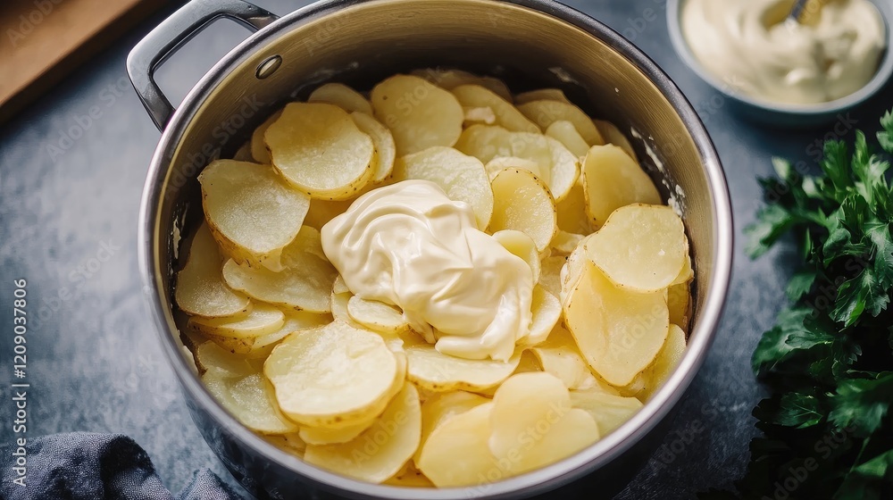 Sliced potatoes layered with mayonnaise in a pot ready for cooking creating a delicious and comforting dish in preparation Sliced potatoes layered with mayonnaise in a pot ready for cooking creating a delicious and comforting dish in preparation