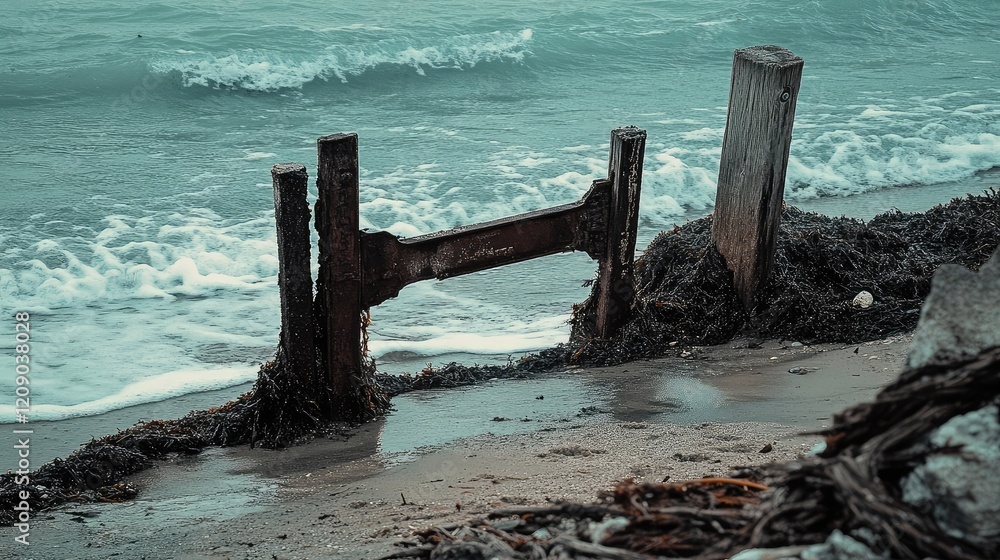 Ground-level view of weathered wooden structure on sandy beach with dark foliage and aqua ocean waves, capturing coastal textures and colors. Ground-level view of weathered wooden structure on sandy beach with dark foliage and aqua ocean waves, capturing coastal textures and colors.