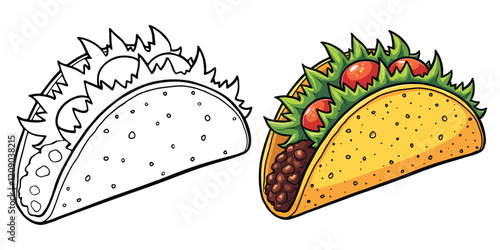 Taco Line Art Vector Illustration Black and White with Coloring Sample. Bold and Easy Food, Fruits, Sweets, Drinks, Dessert, and Snacks Coloring Pages for Adults and Kids