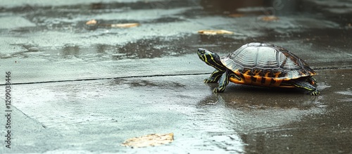 Red Eared Slider Turtle Crawling on Rainy Wet Pavement with Soft Reflections and Empty Text Space in Urban Environment photo