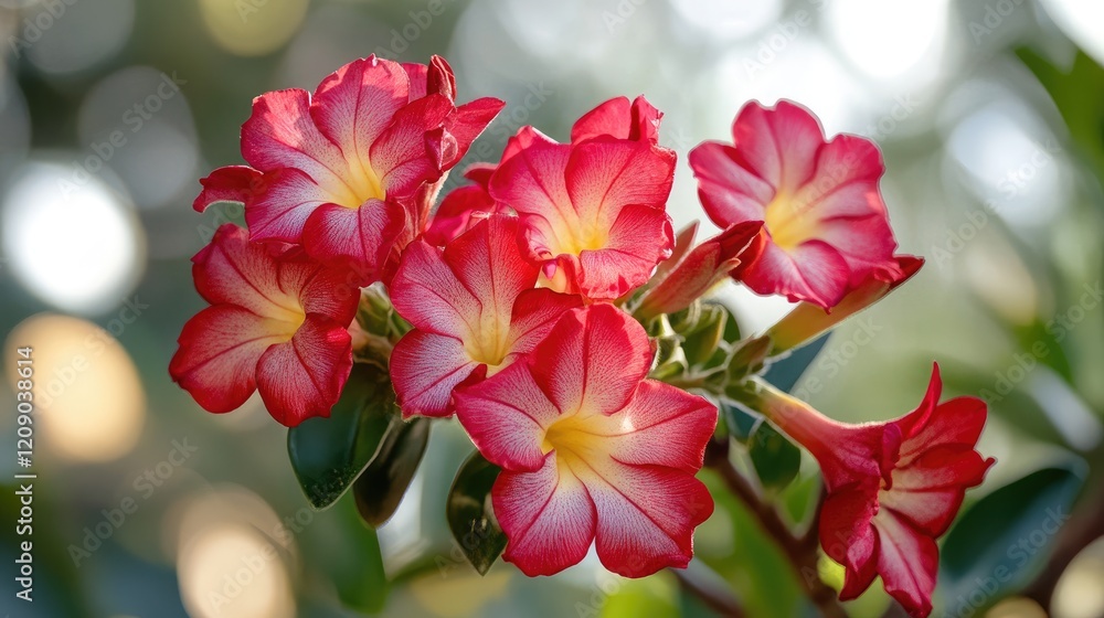 Fototapeta premium Vibrant red adenium flowers blooming in morning light showcasing lush petals and greeneryç²¾å“èŠ±å‰ä¸Žè‡ªç„¶é˜³å…‰çš„å’Œè°ç»“åˆ