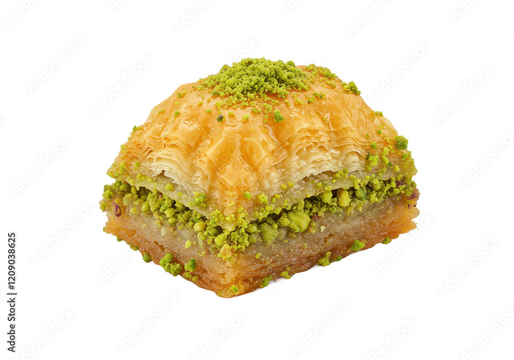 A single piece of baklava topped with crushed pistachios, isolated on white background A single piece of baklava topped with crushed pistachios, isolated on white background