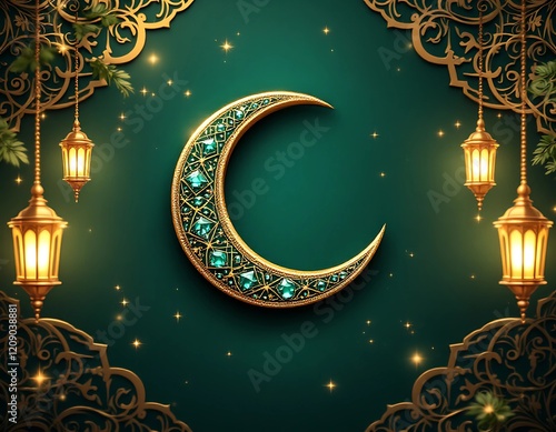 Ornate Gold Crescent Moon and Lanterns for Ramadan or Eid
