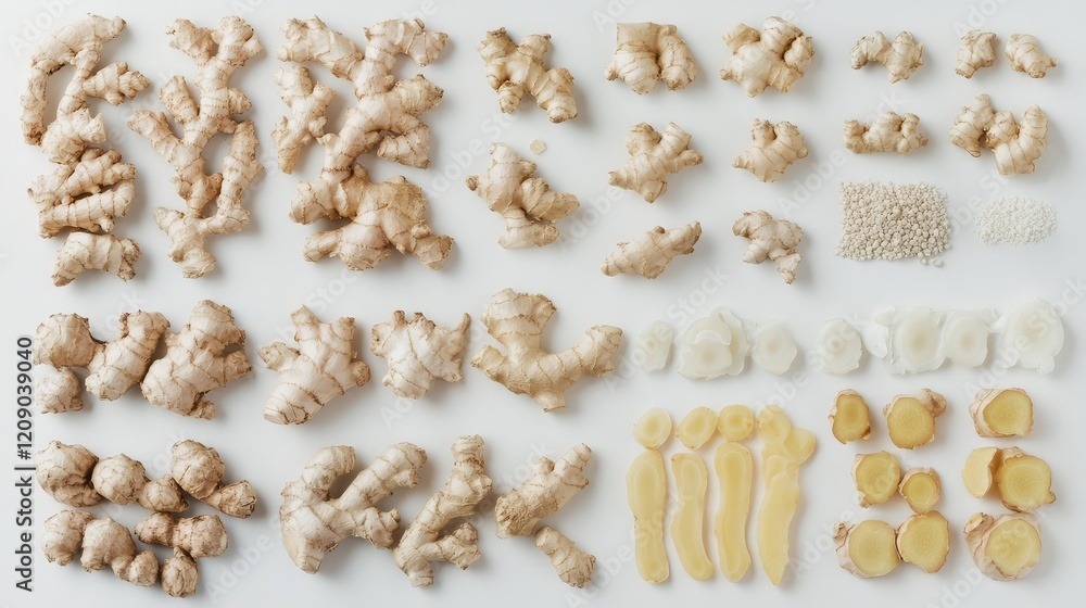 Diverse Arrangements of Raw Ginger Root Varieties on Bright White Background Displaying Earthy Tones and Textures for Culinary and Health Concepts Diverse Arrangements of Raw Ginger Root Varieties on Bright White Background Displaying Earthy Tones and Textures for Culinary and Health Concepts