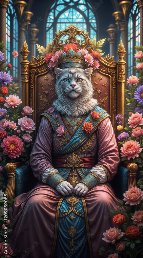 Obraz premium cat king and flowers