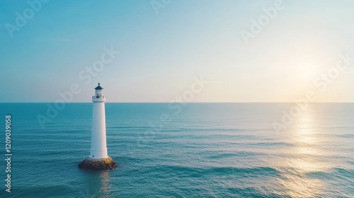 Serene Coastal Sunset with a White Lighthouse Standing Tall Above Calm Waters Reflecting the Pastels of Dusk in a Tranquil Seascape