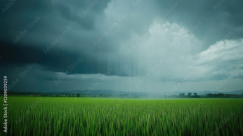Majestic Rain Clouds Above Lush Green Rice Fields in Peaceful Countryside Landscape Majestic Rain Clouds Above Lush Green Rice Fields in Peaceful Countryside Landscape