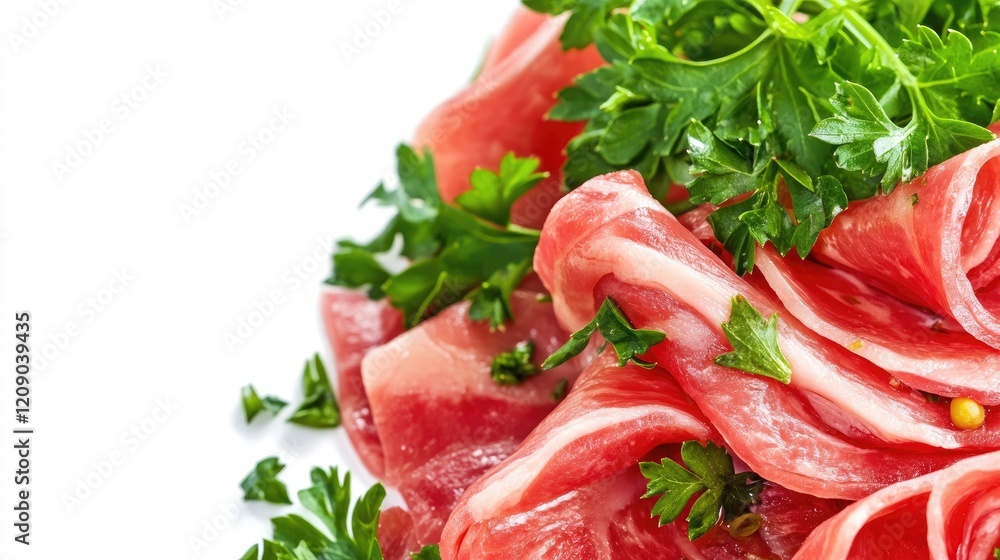 Sliced cured meat garnished with fresh green parsley showcased on a white background for culinary and food presentation purposes Sliced cured meat garnished with fresh green parsley showcased on a white background for culinary and food presentation purposes