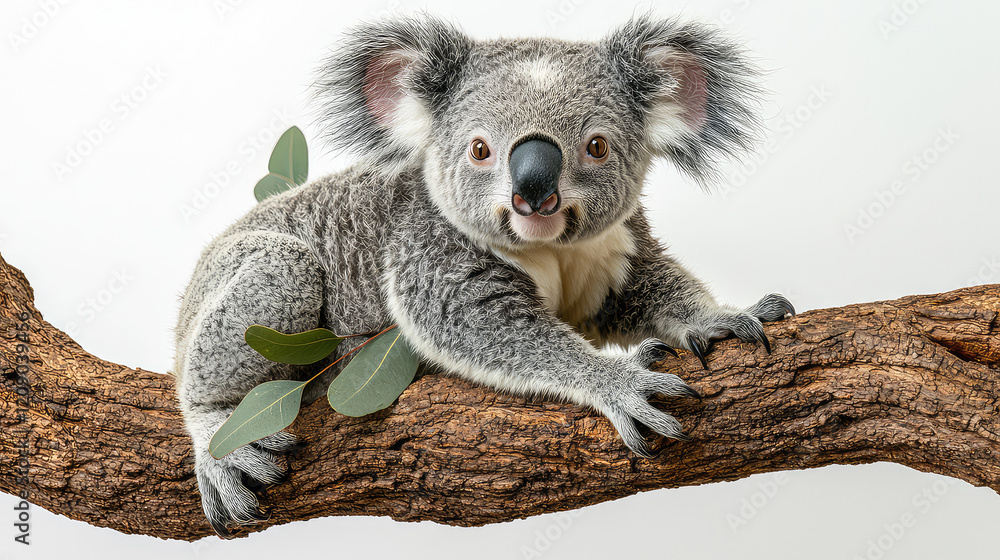 Naklejka premium Adorable koala bear sitting on a tree branch with eucalyptus leaves, isolated on white background.