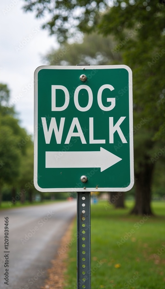 Dog walk sign indicating direction, on pathway in the park, with green surroundings Dog walk sign indicating direction, on pathway in the park, with green surroundings