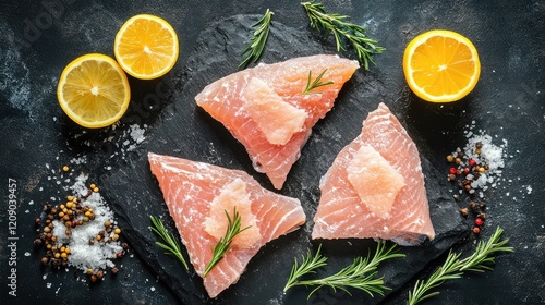 Fresh and Cooked Stingray Fillets with Lemon Slices and Herbs on Dark Slate Background with Peppercorns and Sea Salt photo