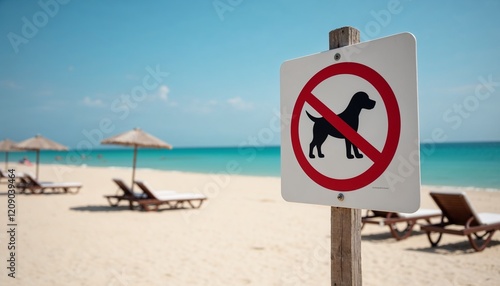 No dogs allowed sign on the beach, with umbrellas and sun loungers in the background, cautionary message
 photo