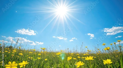 Vibrant summer landscape with golden canola flowers under a bright sunny sky and fluffy clouds creating a serene outdoor atmosphere photo