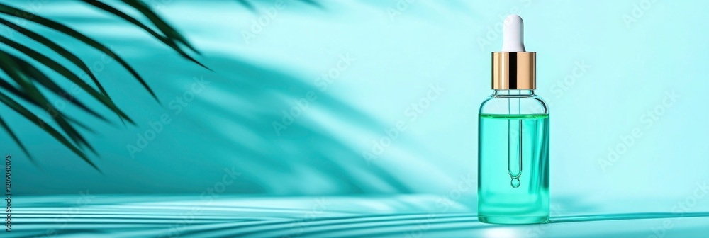 A glass bottle with an oil dropper, light blue and palm leaves shadow on background A glass bottle with an oil dropper, light blue and palm leaves shadow on background