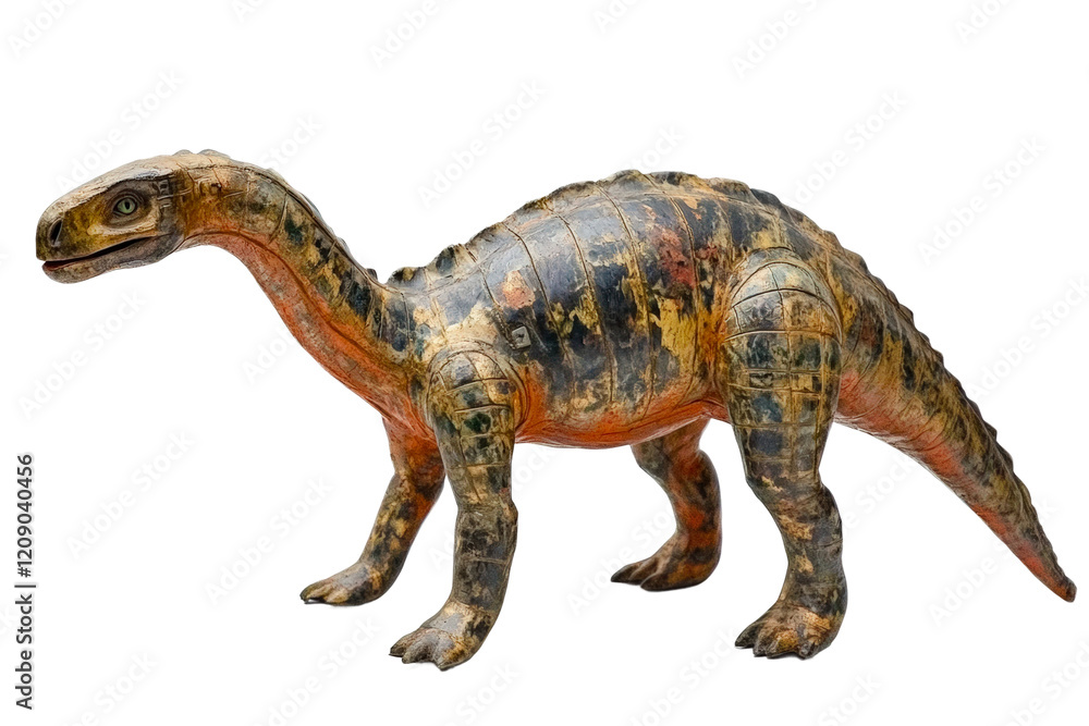 Naklejka premium Dinosaur model displaying detailed features in a museum setting during daytime hours isolated on transparent background