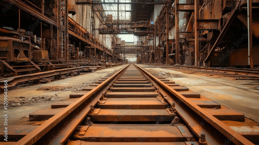 Industrial Railway Tracks Among Rusty Machinery and Abandoned Structures Industrial Railway Tracks Among Rusty Machinery and Abandoned Structures