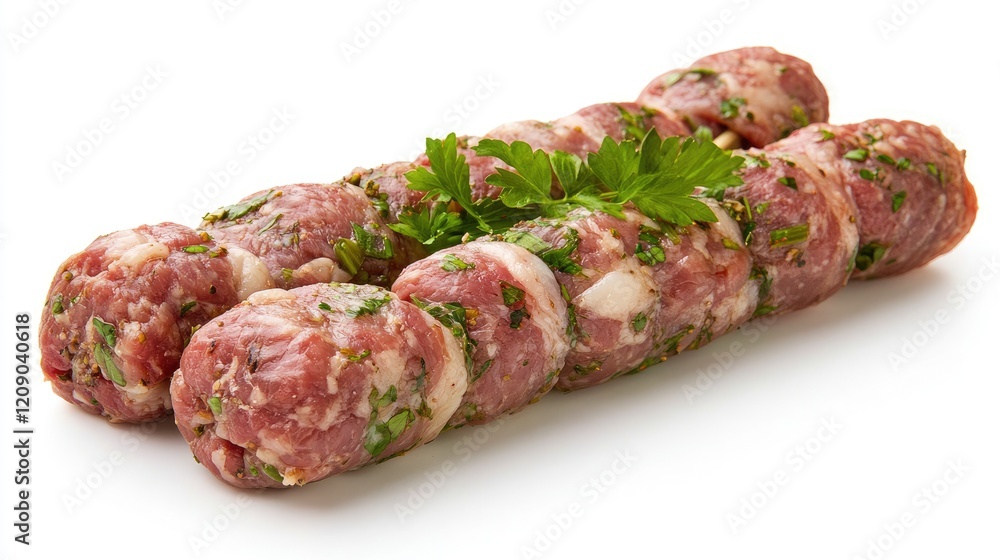 Fresh raw pork kebabs with herbs arranged on a white background ready for grilling or cooking in a culinary presentation Fresh raw pork kebabs with herbs arranged on a white background ready for grilling or cooking in a culinary presentation