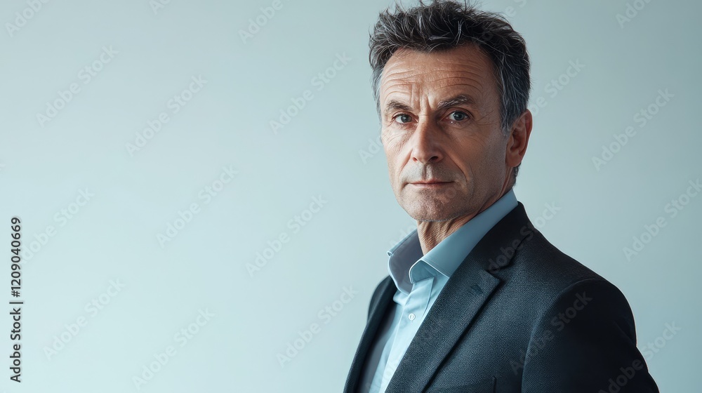 Businessman in a dark suit with a light blue shirt, facing forward against a soft white gray backdrop, captured in a close-up profile angle. Businessman in a dark suit with a light blue shirt, facing forward against a soft white gray backdrop, captured in a close-up profile angle.