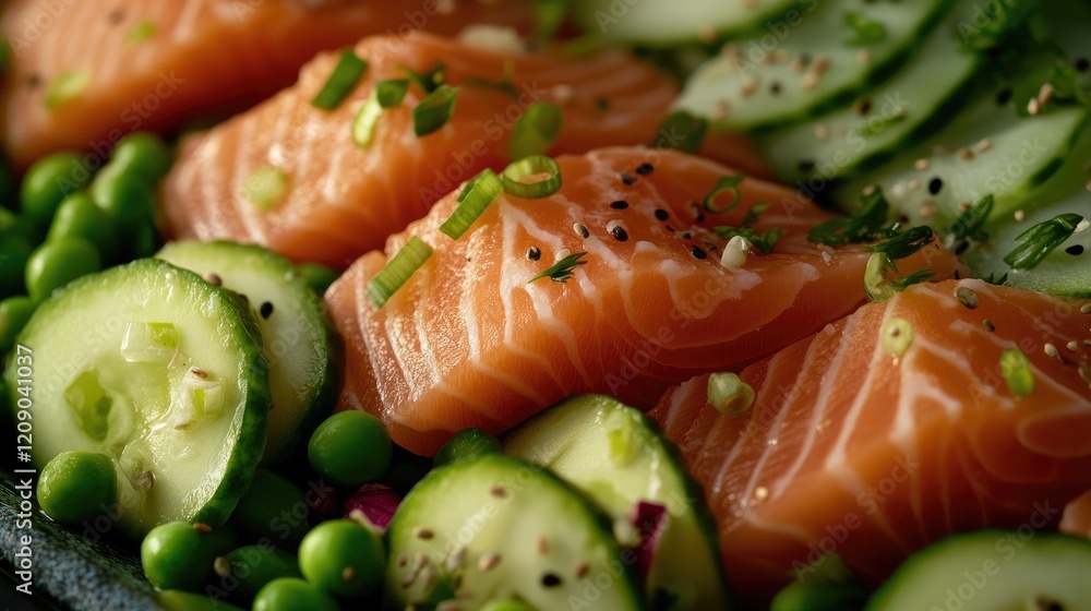 Fresh salmon fillet slices atop a vibrant salad of green avocado, peas, and crisp vegetables presented in a close-up view Fresh salmon fillet slices atop a vibrant salad of green avocado, peas, and crisp vegetables presented in a close-up view